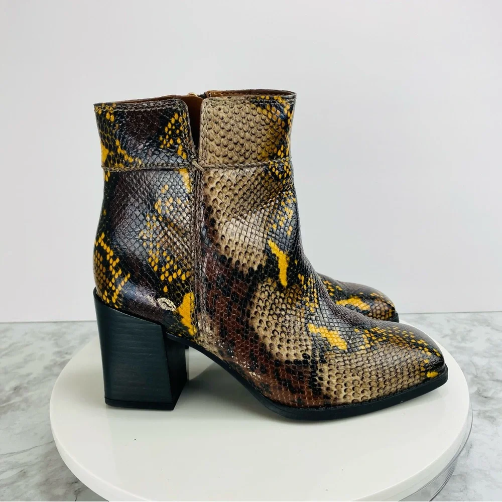 Franco Sarto Leather Ankle Boots 6.5 Lizzard Brown Yellow Zip Block‎ Heel Square